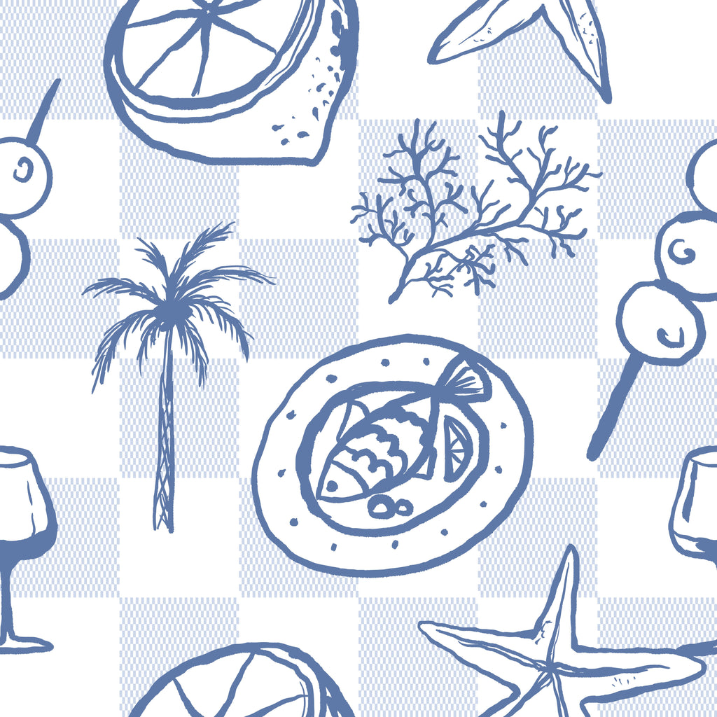 Seaside Picnic, peel and stick wallpaper, playful coastal illustrations featuring seafood, citrus slices, palm trees