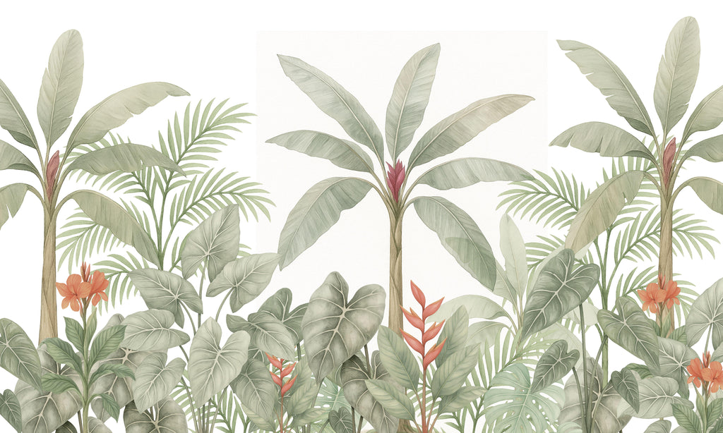 Tropical Harmony, peel and stick wallpaper, graceful banana leaves, layered greenery, and soft tropical flowers