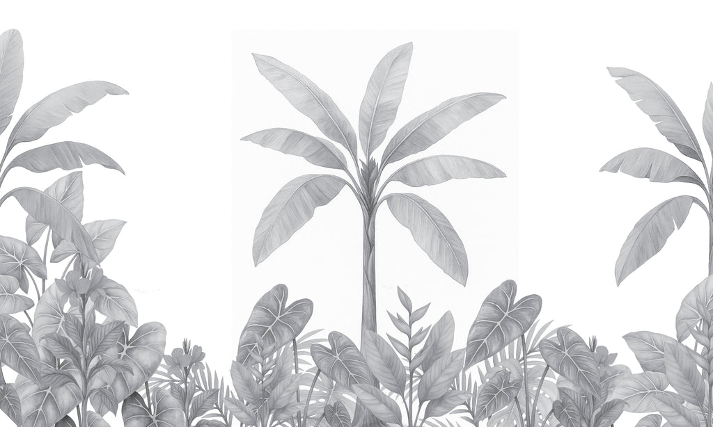 Monochrome Palms, peel and stick wallpaper, graceful tropical plants illustrated in soft grayscale tones create a calm