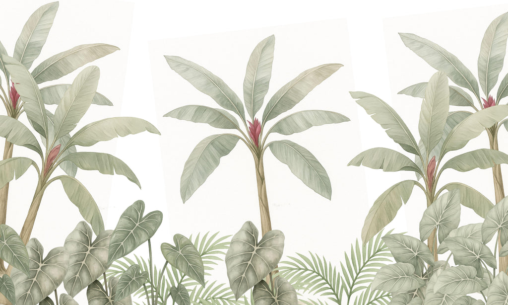 Tropical Panels, peel and stick wallpaper, elegant banana leaves and tropical plants arranged in soft vertical panel