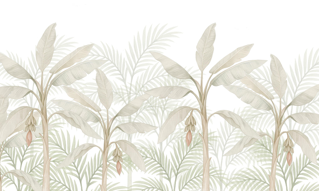 Banana Grove, peel and stick wallpaper, delicate banana trees illustrated in soft neutral tones create a light tropical