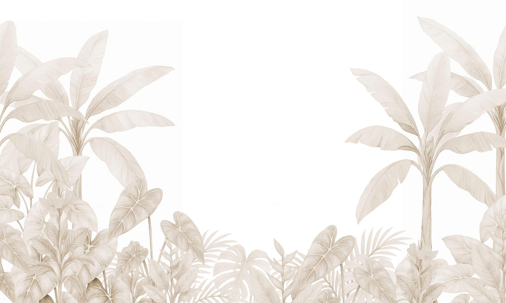 Ivory Canopy, peel and stick wallpaper, soft tropical foliage arranged along the edges creates a light and elegant