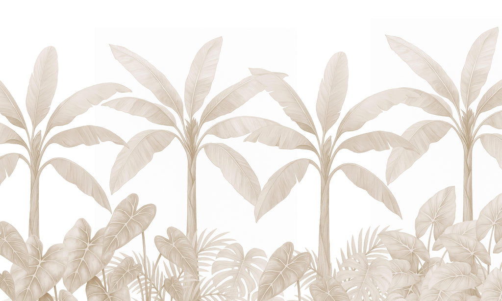 Linen Palms, peel and stick wallpaper, soft beige tropical foliage arranged in repeating panels creates a warm and calming