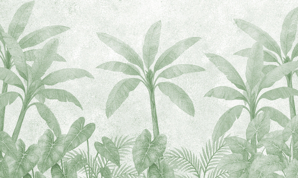 Mint Palms, peel and stick wallpaper, soft tropical plants rendered in gentle mint tones create a calm botanical pattern