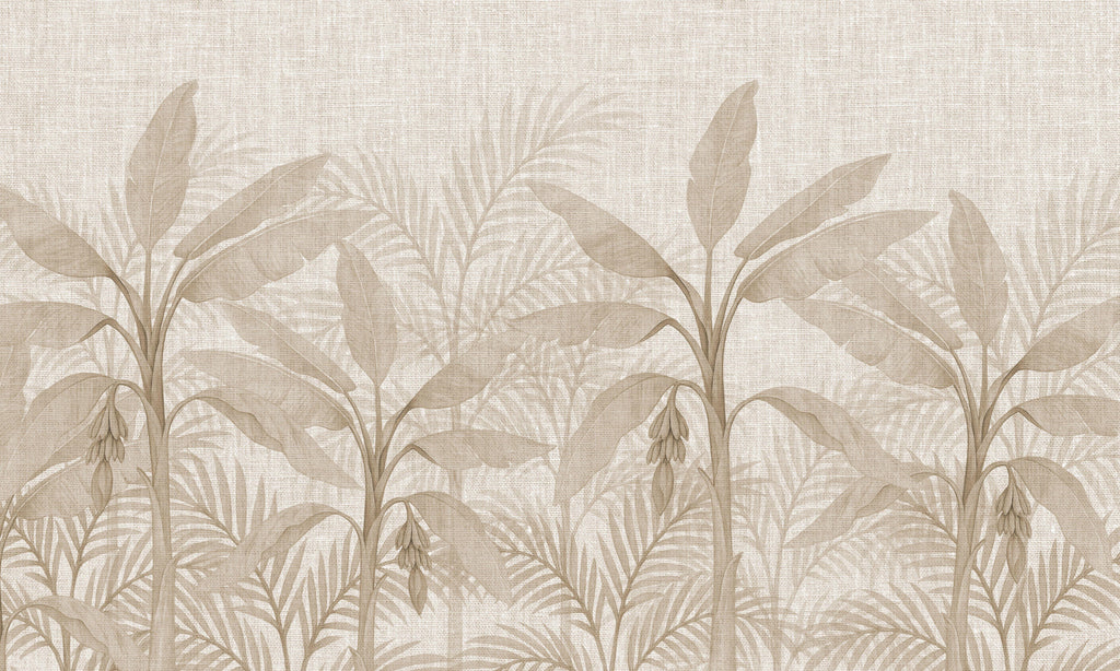 Linen Tropics, peel and stick wallpaper, tropical banana leaves layered over a soft linen-textured background