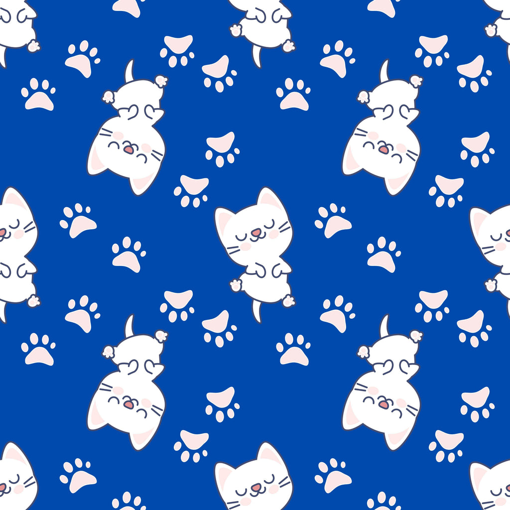 Kitten Pawprints, peel and stick wallpaper, adorable cartoon kittens tumble across a bold blue background, surrounded