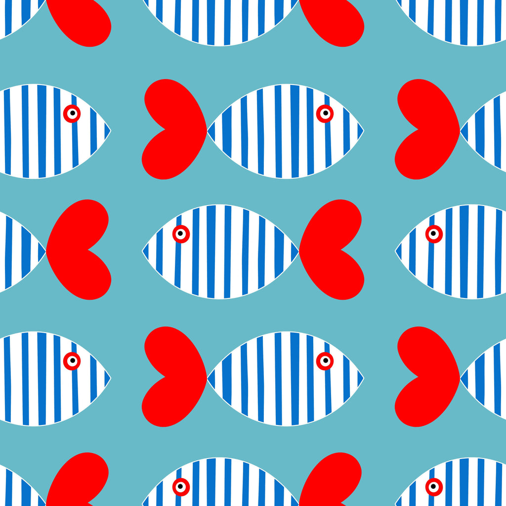 Sardine Stripe wallpaper with striped fish and red heart tails on a teal ground