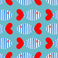 Sardine Stripe wallpaper with striped fish and red heart tails on a teal ground