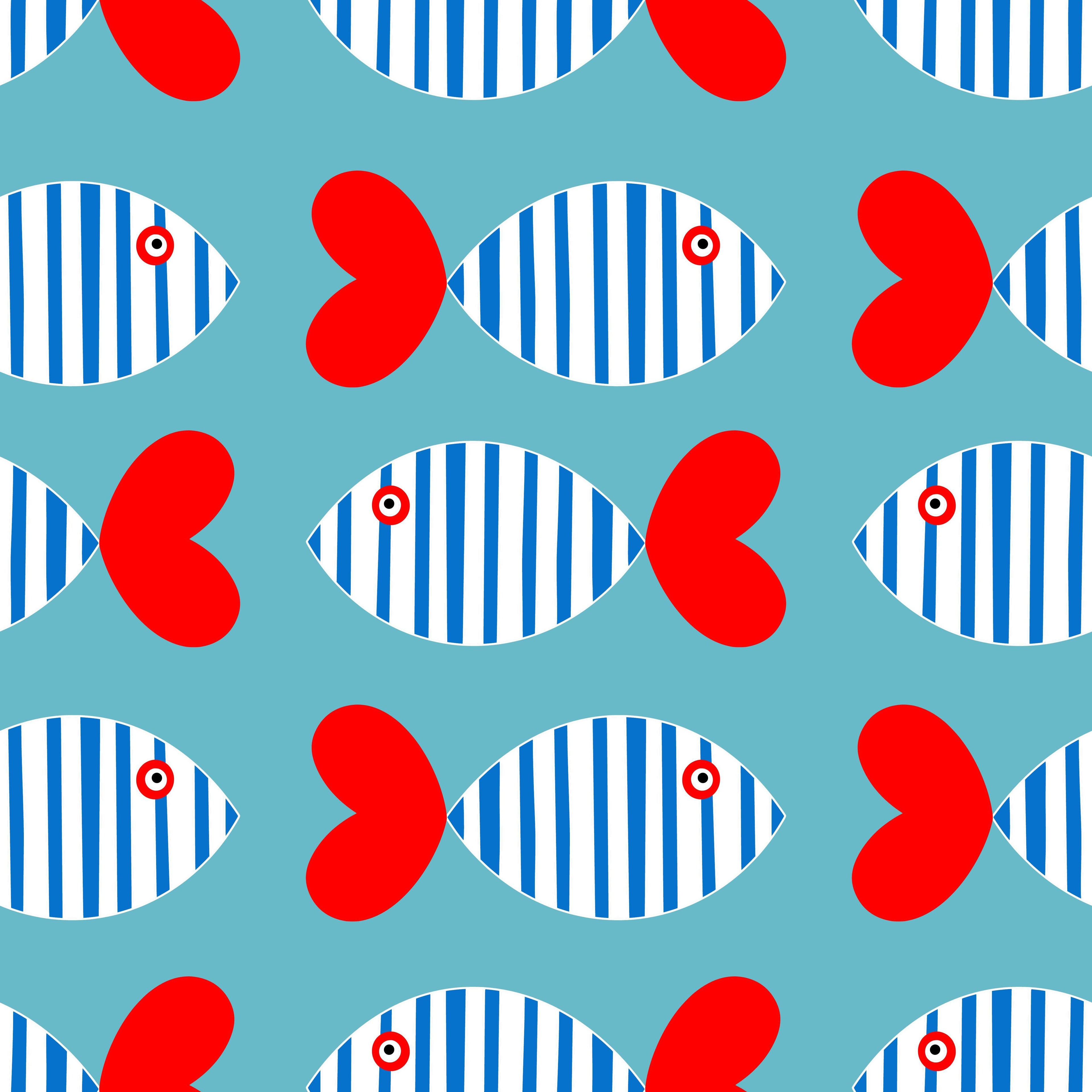 Sardine Stripe wallpaper with striped fish and red heart tails on a teal ground