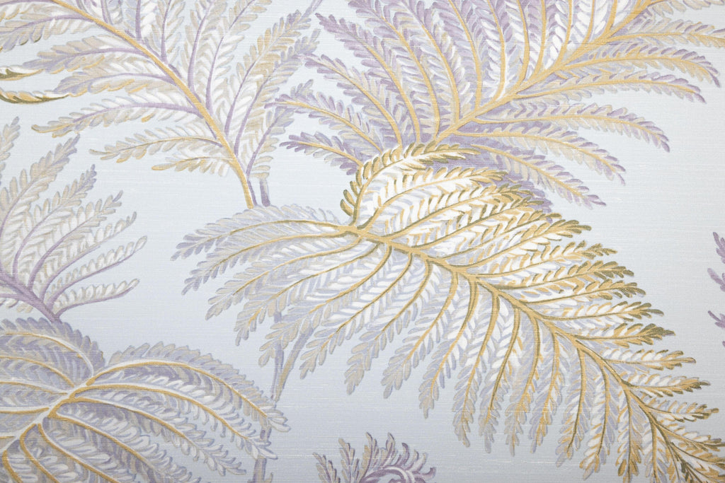 Gilded Ferns, peel and stick wallpaper, graceful fern fronds in soft lavender and gold tones spread across a pale