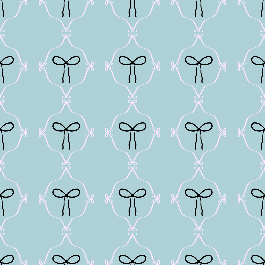 Ribbon Lattice, peel and stick wallpaper, delicate bow shapes connect in a repeating lattice pattern