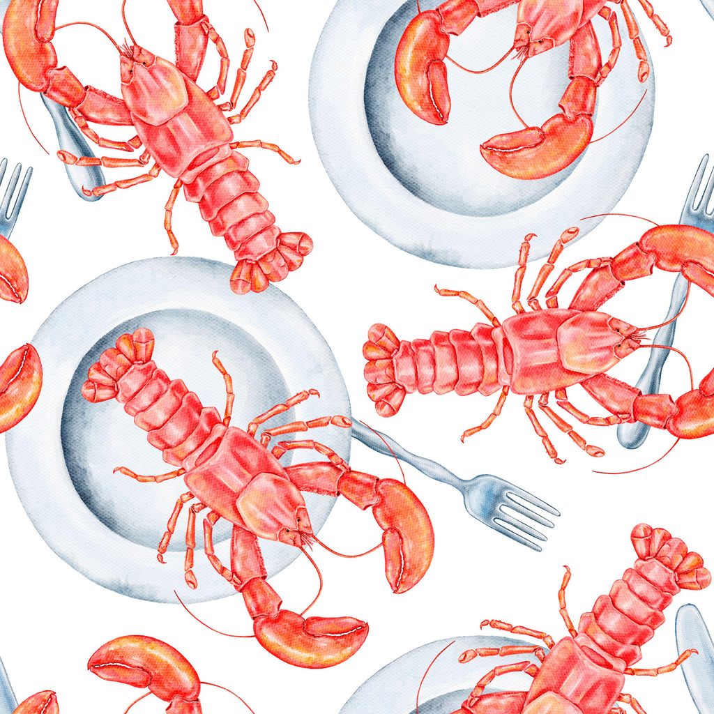 Lobster Feast, peel and stick wallpaper, vibrant watercolor lobsters arranged with plates and utensils create a playful