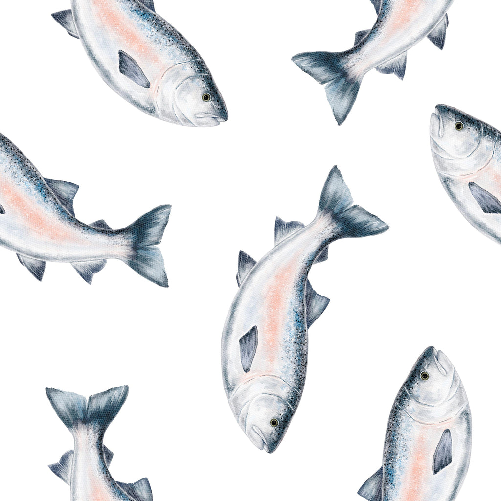 Silver Shoal, peel and stick wallpaper, graceful watercolor fish glide across a clean background, creating a calm coastal