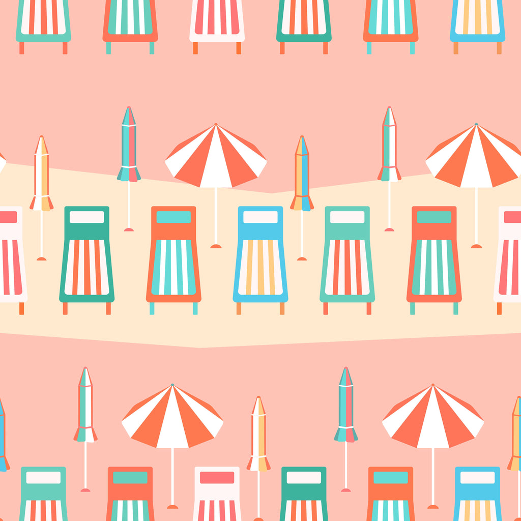 Beach Retreat, peel and stick wallpaper, colorful beach chairs and umbrellas line a sandy shoreline in this cheerful