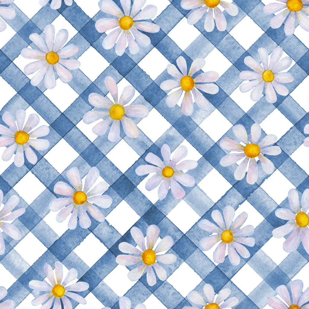 Daisy Lattice, peel and stick wallpaper, watercolor daisies rest gently over a soft blue lattice pattern