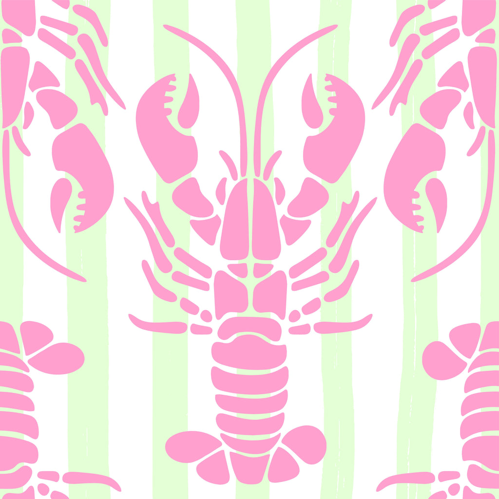 Coral Lobsters, peel and stick wallpaper, bold lobster silhouettes in playful pink tones rest against soft striped