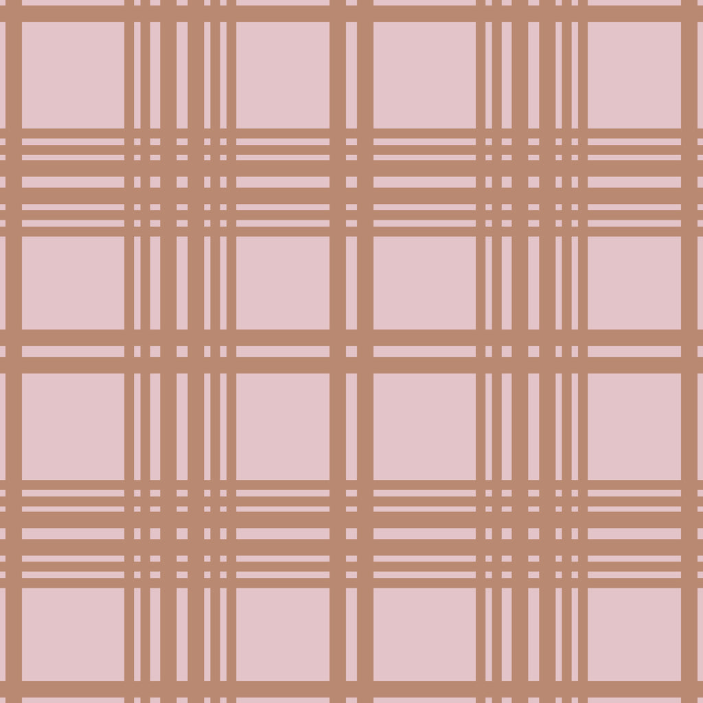 Rosewood Plaid, peel and stick wallpaper, warm rosewood lines cross over a soft blush background, forming a structured