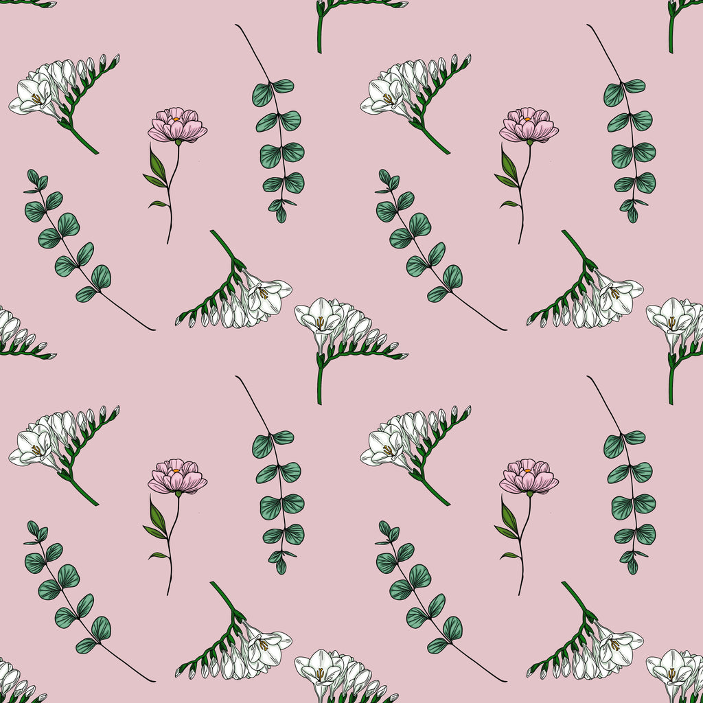 Petal Sprigs, peel and stick wallpaper, delicate floral stems and soft greenery drift across a dusty rose background