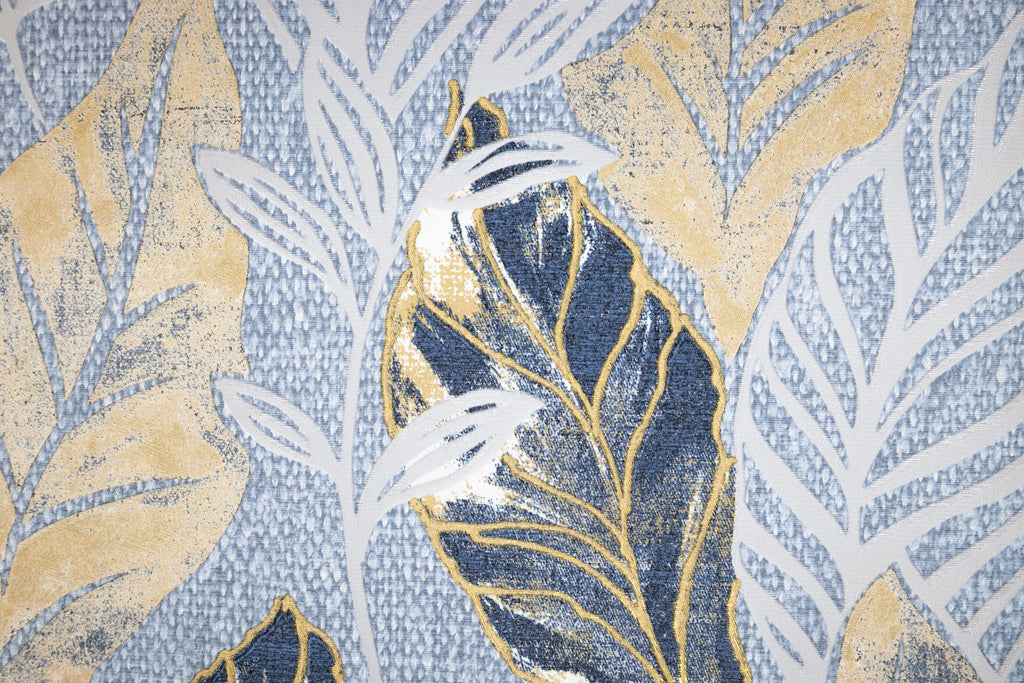 Gilded Leaves, peel and stick wallpaper, textured botanical leaves in soft blue and brushed gold tones