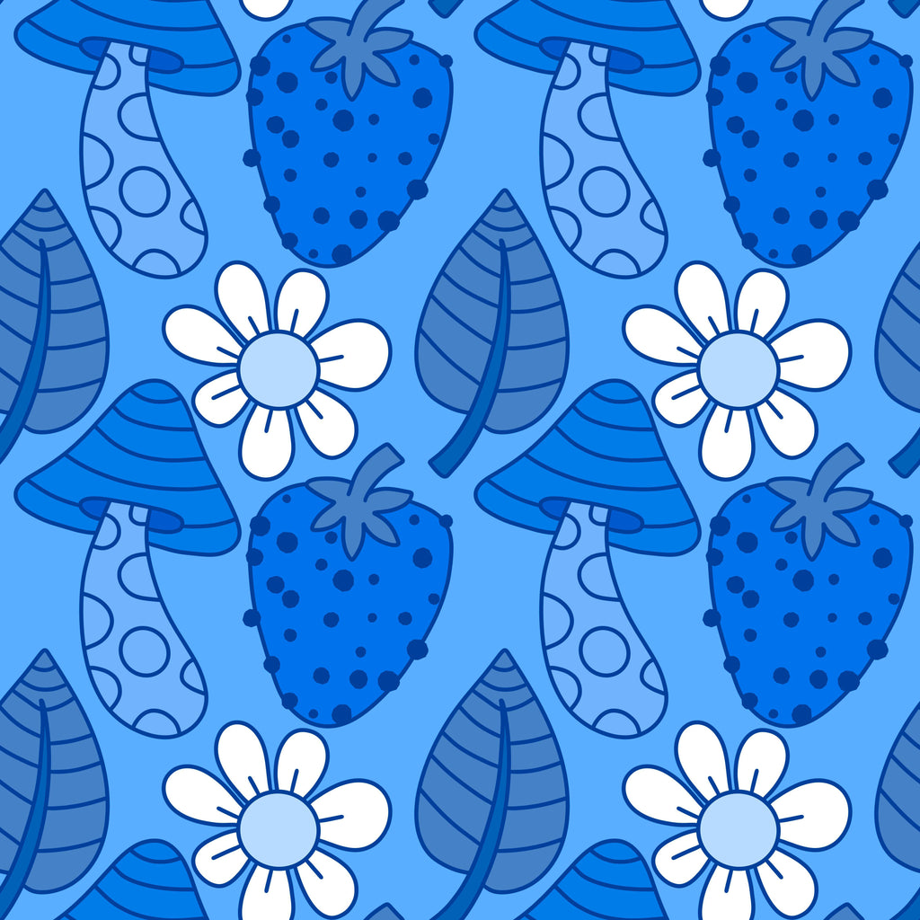 Berry Meadow, peel and stick wallpaper, whimsical strawberries, mushrooms, leaves, and simple flowers appear