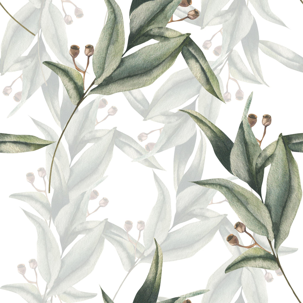 Eucalyptus Whisper, peel and stick wallpaper, soft watercolor eucalyptus leaves drift across a clean white background
