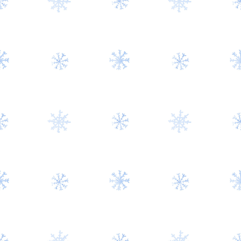 Winter Dots, peel and stick wallpaper, soft blue snowflakes are gently spaced across a clean, light background