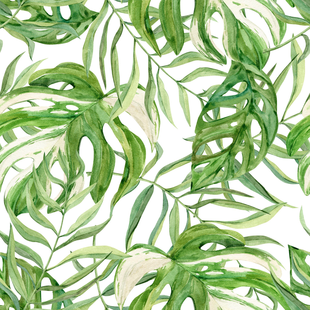 Monstera Layers, peel and stick wallpaper, lush watercolor monstera and tropical leaves overlap in a vibrant botanical