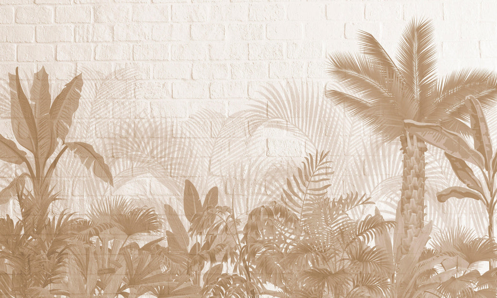 Palm Shadows, peel and stick wallpaper, layered tropical plants cast soft shadow silhouettes across a textured brick