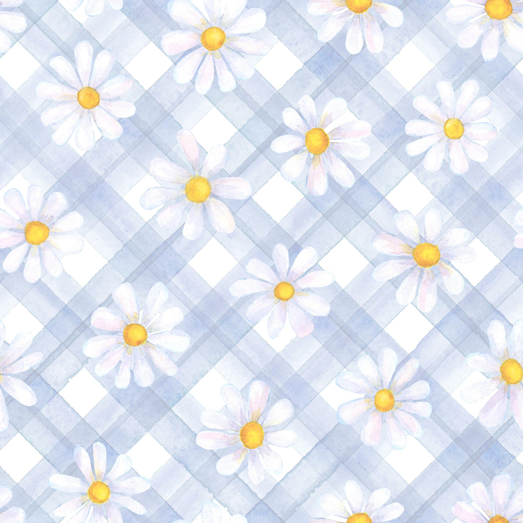 Pastel Daisies, peel and stick wallpaper, soft watercolor daisies drift across a pale blue lattice background