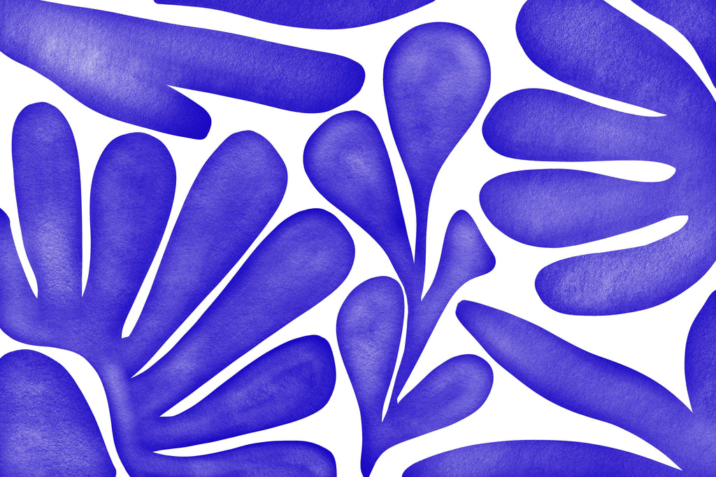 Indigo Botanica, peel and stick wallpaper, bold abstract botanical shapes flow across the surface in rich painterly tones