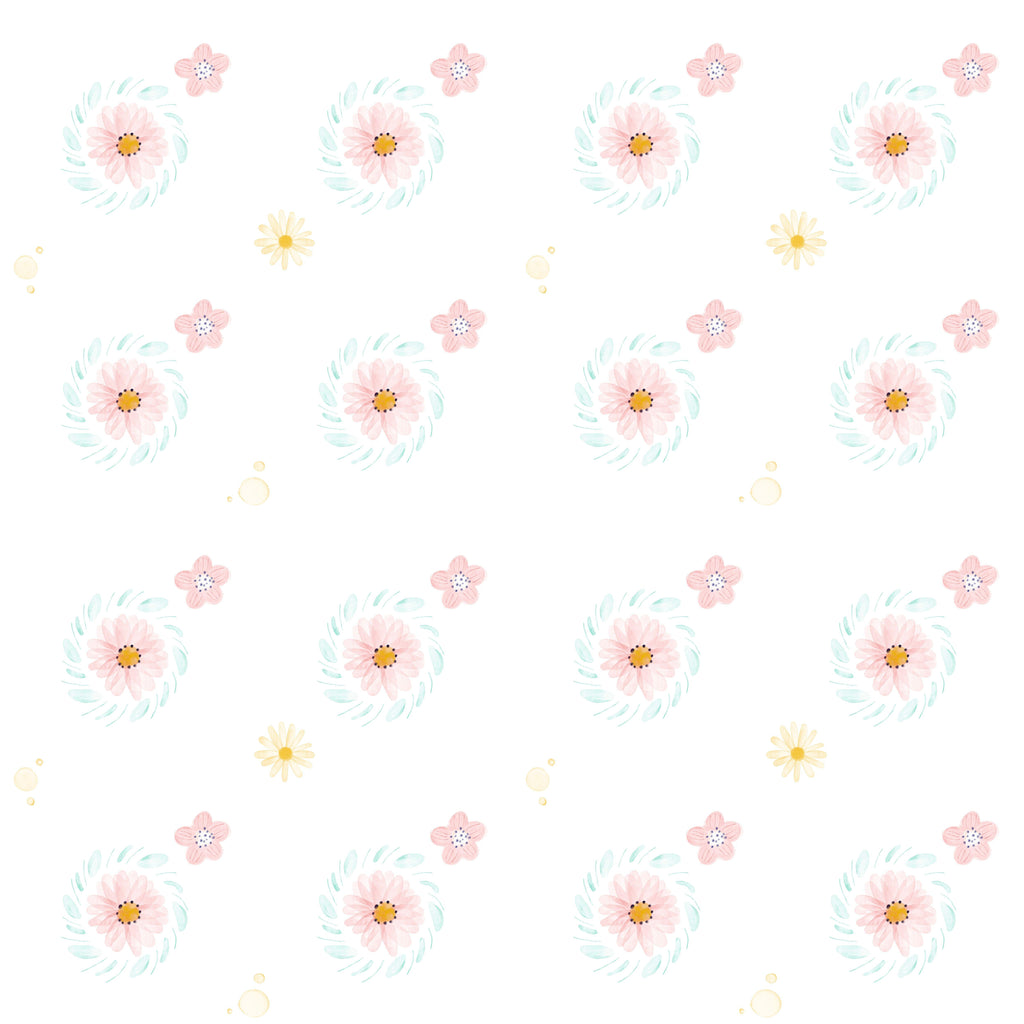 Spring Daisies, peel and stick wallpaper, soft watercolor daisies and tiny blossoms scatter gently