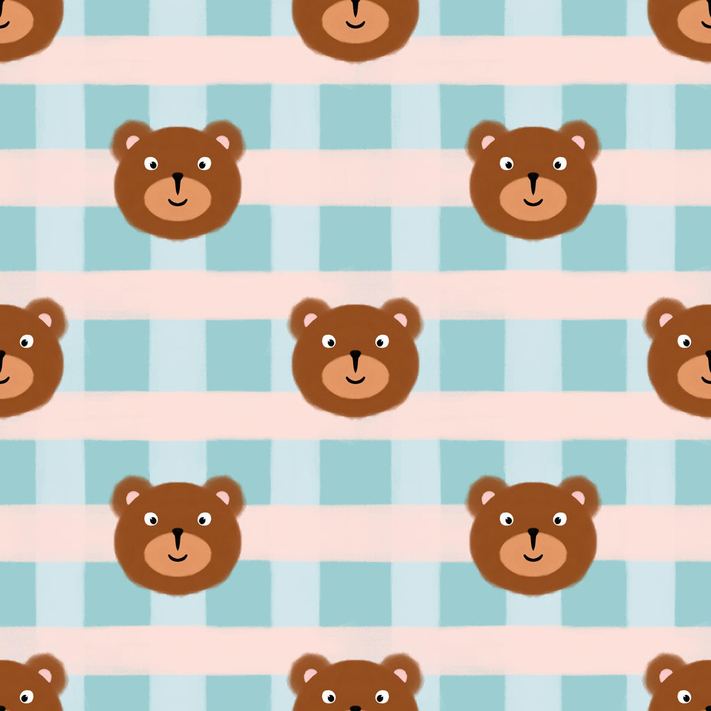 Teddy Checks, peel and stick wallpaper, smiling teddy bear faces appear across soft checkered stripes, creating a playful