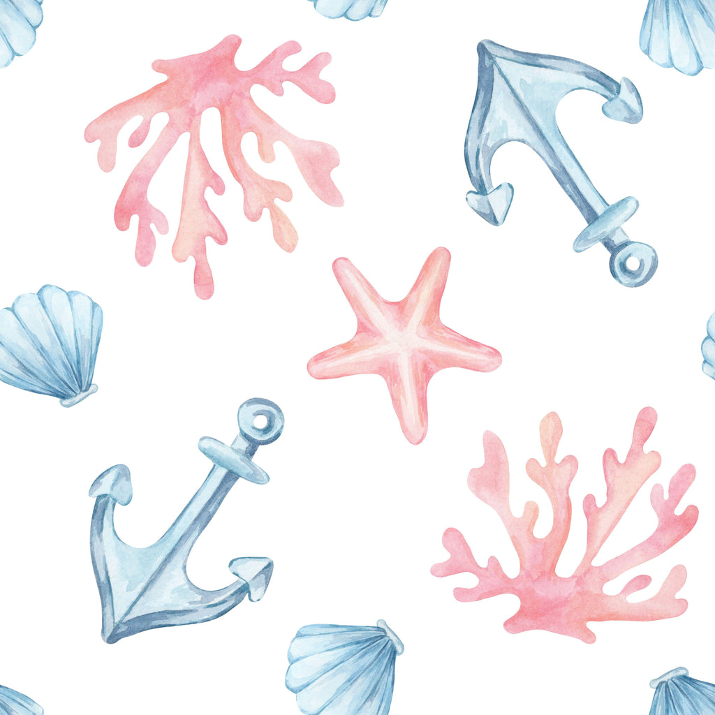 Nautical Watercolor, peel and stick wallpaper, watercolor nautical wallpaper featuring anchors, coral, shells