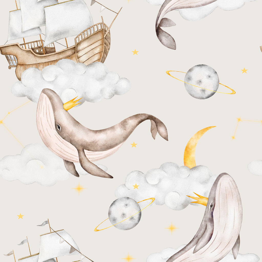 Dream Whales, peel and stick wallpaper, gentle whales float among clouds, moons, and sailing ships in a magical sky scene