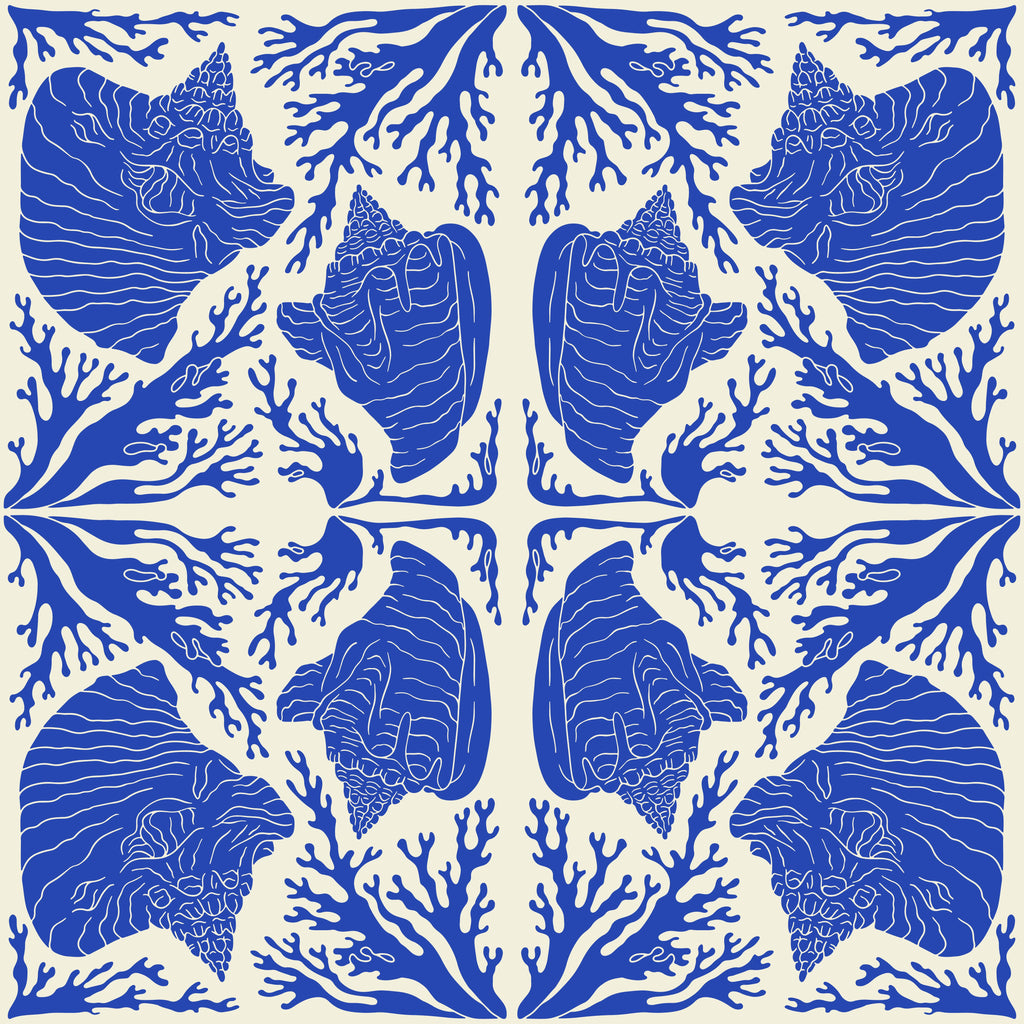 Azure Shells, peel and stick wallpaper, elegant ocean shells and branching coral form a symmetrical coastal pattern