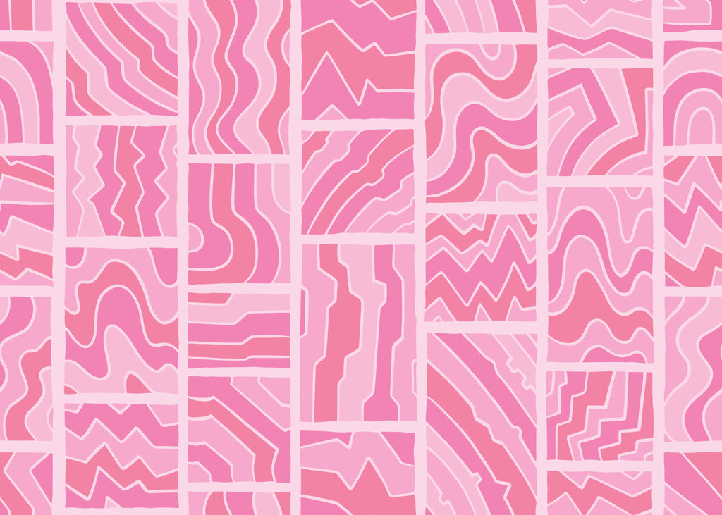 Pink Mosaic, peel and stick wallpaper, playful abstract panels filled with flowing lines and geometric shapes