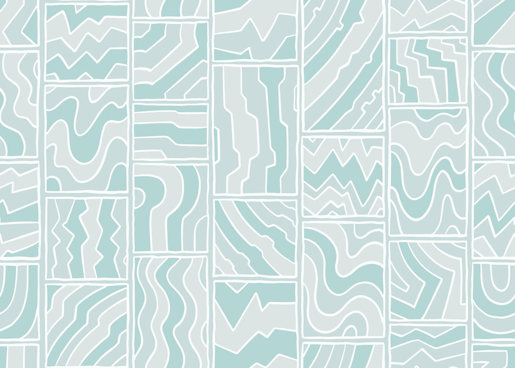 Aqua Panels, peel and stick wallpaper, abstract linework forms a playful grid of organic shapes in calming aqua