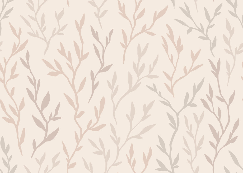 Taupe Botanicals, peel and stick wallpaper, delicate botanical silhouettes drift across a soft neutral background