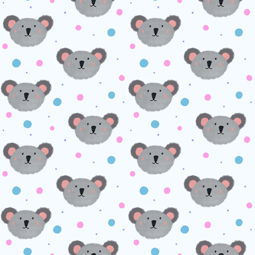 Koala Confetti, peel and stick wallpaper, adorable koala faces float across a soft background sprinkled with colorful