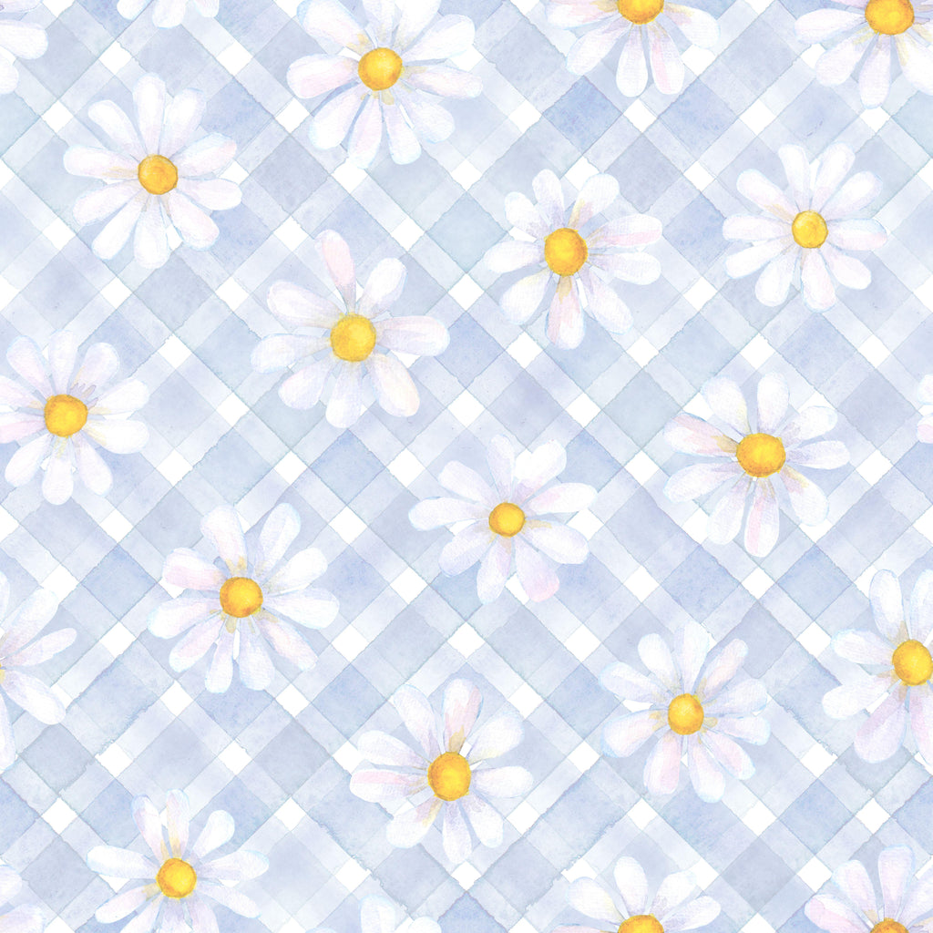 Daisy Whisper, peel and stick wallpaper, gentle watercolor daisies float across a soft blue checkered background