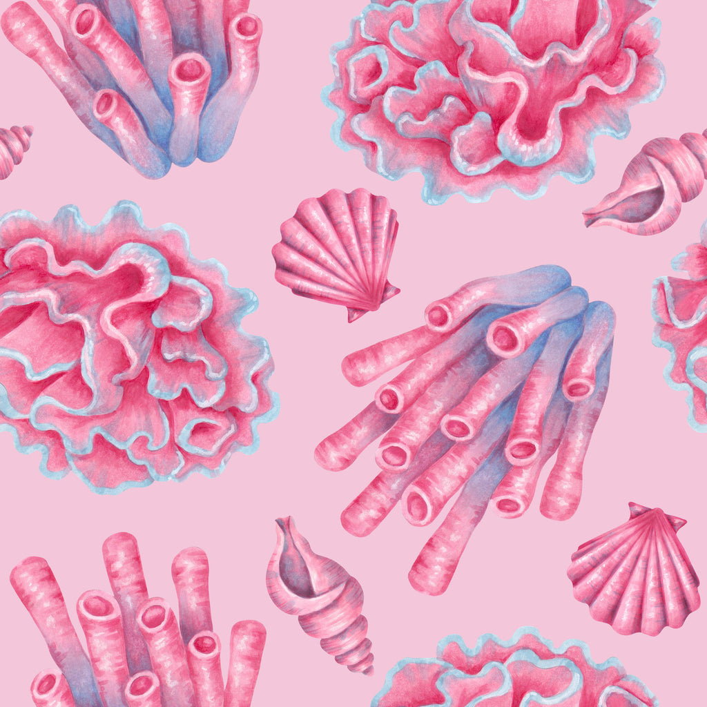 Coral Dreams, peel and stick wallpaper, vibrant coral formations and delicate seashells float across a soft pink