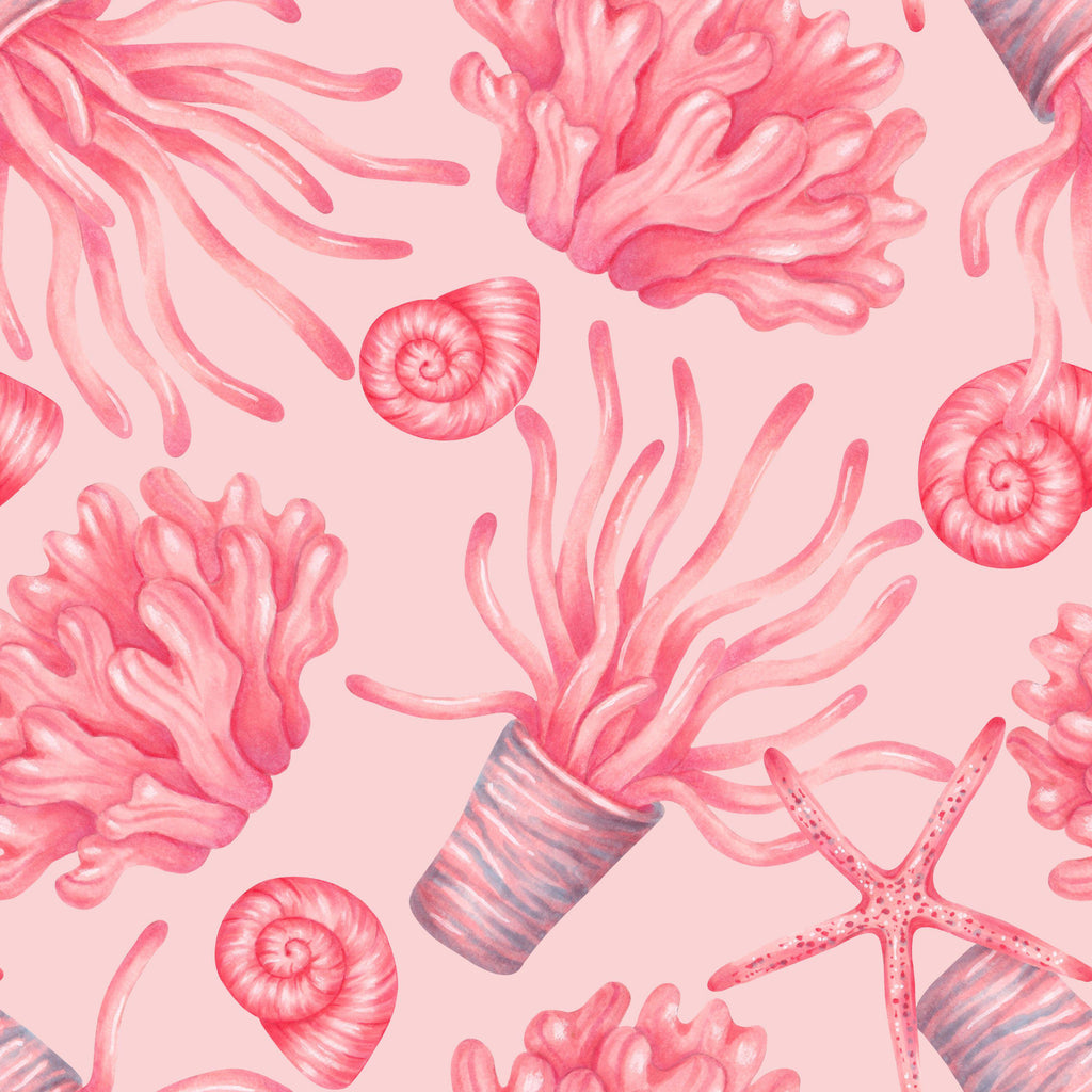 Pink Reef, peel and stick wallpaper, flowing coral shapes, sea stars, and spiral shells create a lively underwater