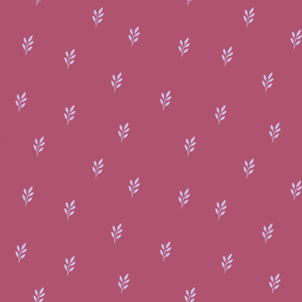 Berry Sprigs, peel and stick wallpaper, small leafy sprigs repeat across a warm berry-toned background, creating a simple