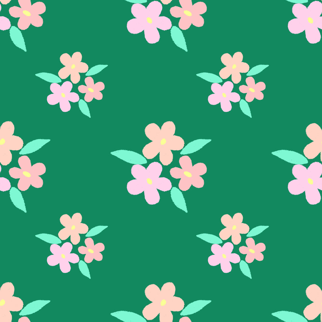 Meadow Blossoms, peel and stick wallpaper, playful floral wallpaper showcases scattered pastel blossoms against a rich