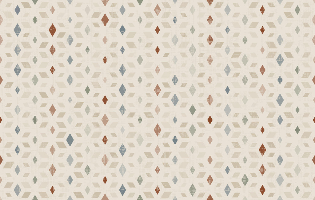 Desert Diamonds, peel and stick wallpaper, small geometric diamonds and layered shapes repeat across a soft sand