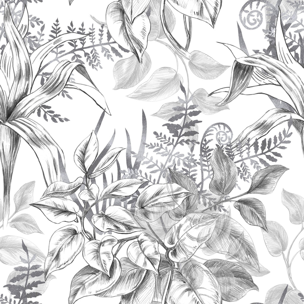 Sketch Jungle wallpaper with black sketched tropical leaves on white