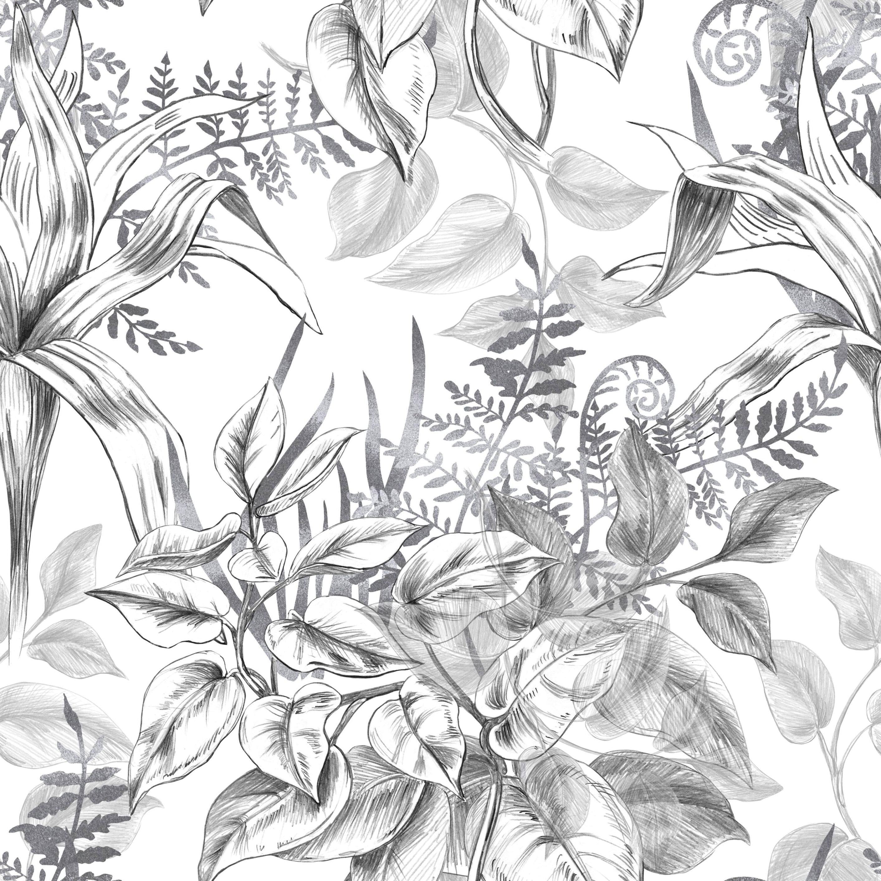 Sketch Jungle wallpaper with black sketched tropical leaves on white