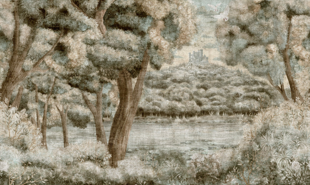 Castle Lake Tapestry Mural in Olive by Alessandro Scanziani, wallpaper mural