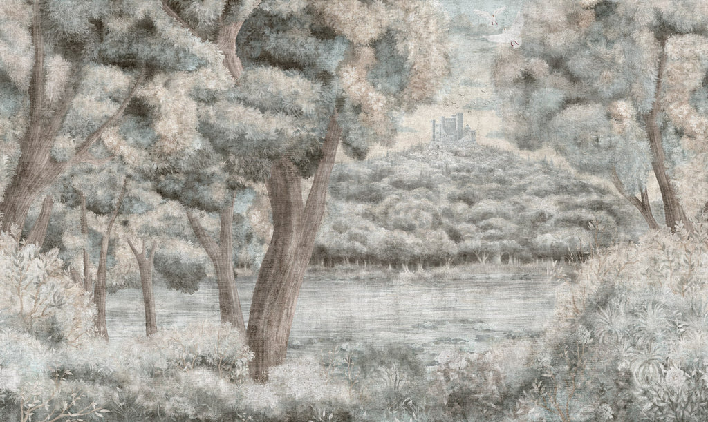 Castle Lake Tapestry Mural in Sage by Alessandro Scanziani, wallpaper mural