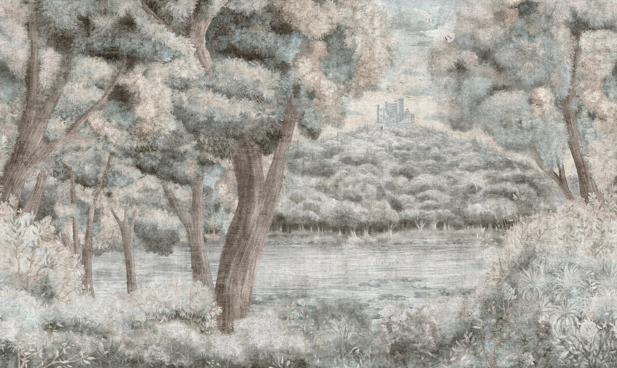 Castle Lake Tapestry Mural in Sage by Alessandro Scanziani, wallpaper mural